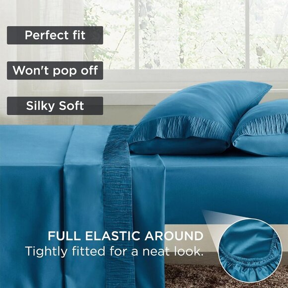 🆕 4 Pieces Blue Luxury California King Polyester Microfiber Cooling Bed Sheet - Picture 6 of 6